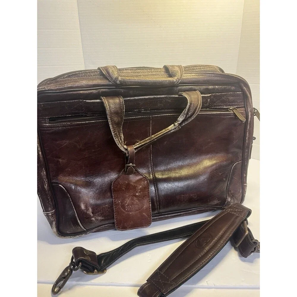 Vintage Leather Bag Avenues America Laptop Brief Case Distressed Shoulder Strap